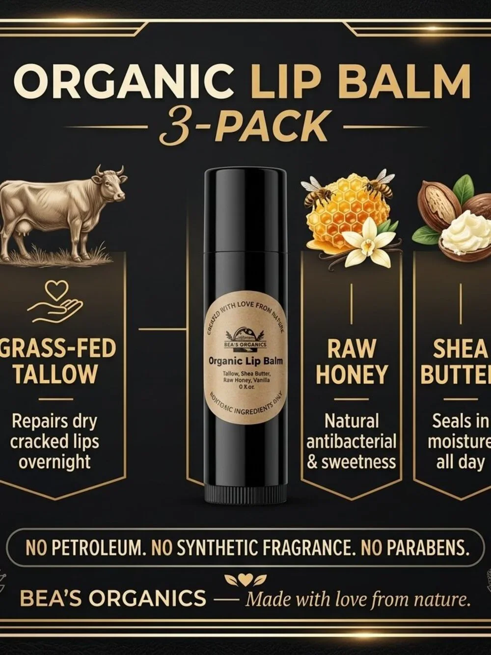 3-Pack Organic Tallow Lip Balm | Grass-Fed Beef Tallow, Raw Honey & Shea Butter